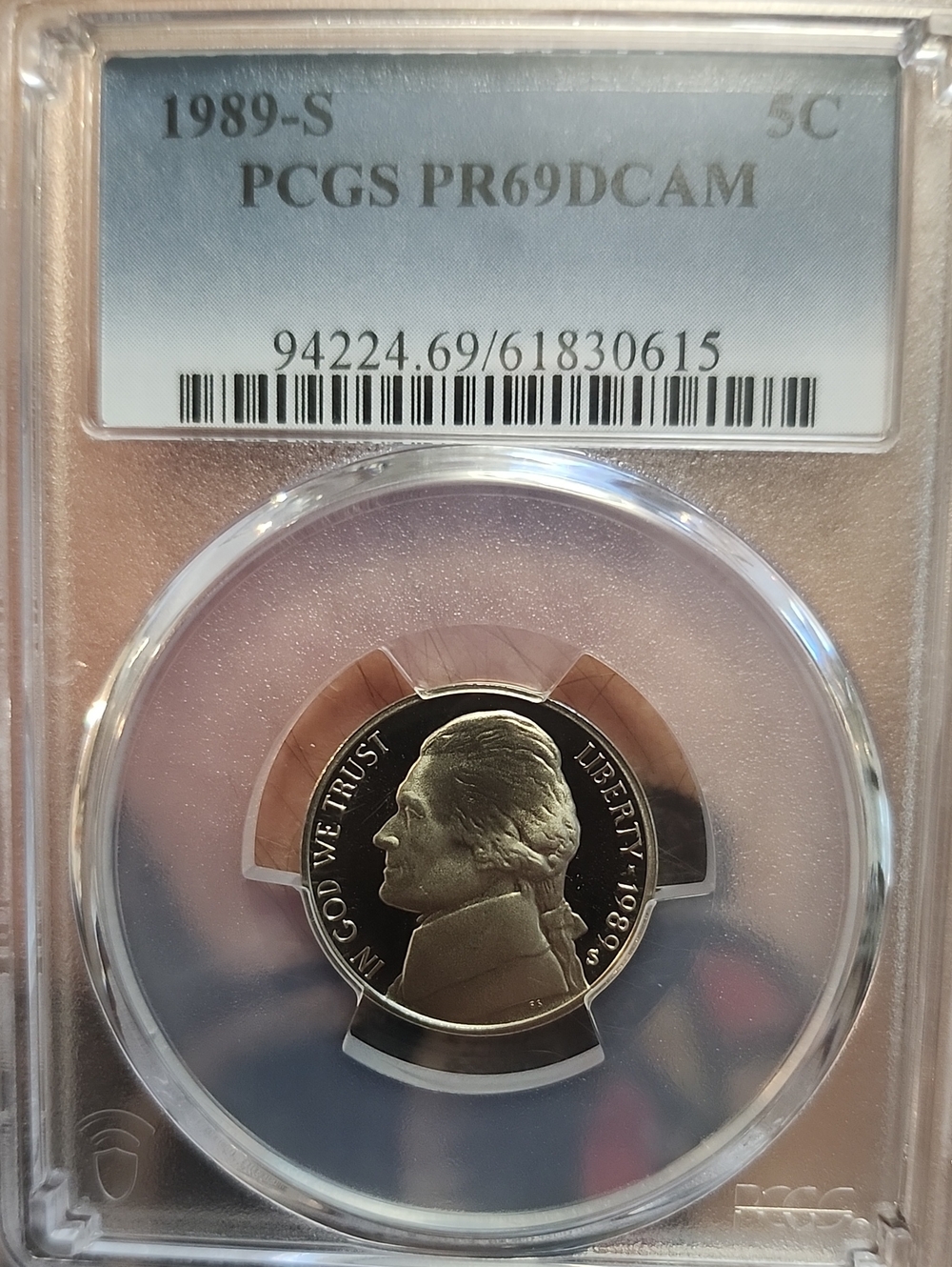 Graded 1989-S Jefferson Nickel PR69DCAM - Silver Tone